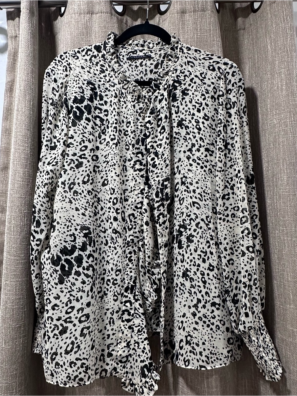 Classic Black & White Animal Print Tie-Neck Blouse